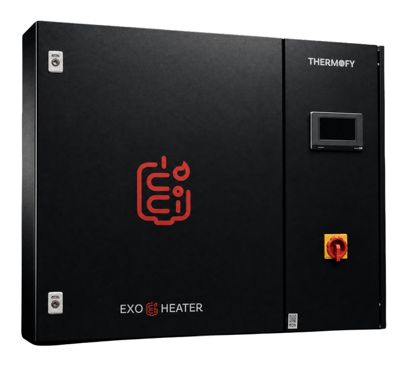 Der ExoHeater: schwarze, schrankgroße elektrische Therme mit rotem Thermofy-Zeichen